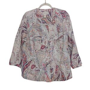 Chicos 2 Linen Paisley Jacket Womens Size Large White Pink Tie Dye Full Zip